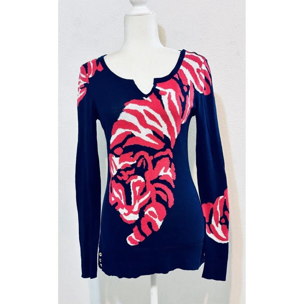 Lilly Pulitzer Women Size S Tiger Jacquard  Long Sleeve Sweater Art to Wear